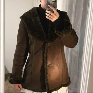 Vintage 2000s 90s Calvin Klein Faux Fur Lined Coat In Chocolate Brown Size L